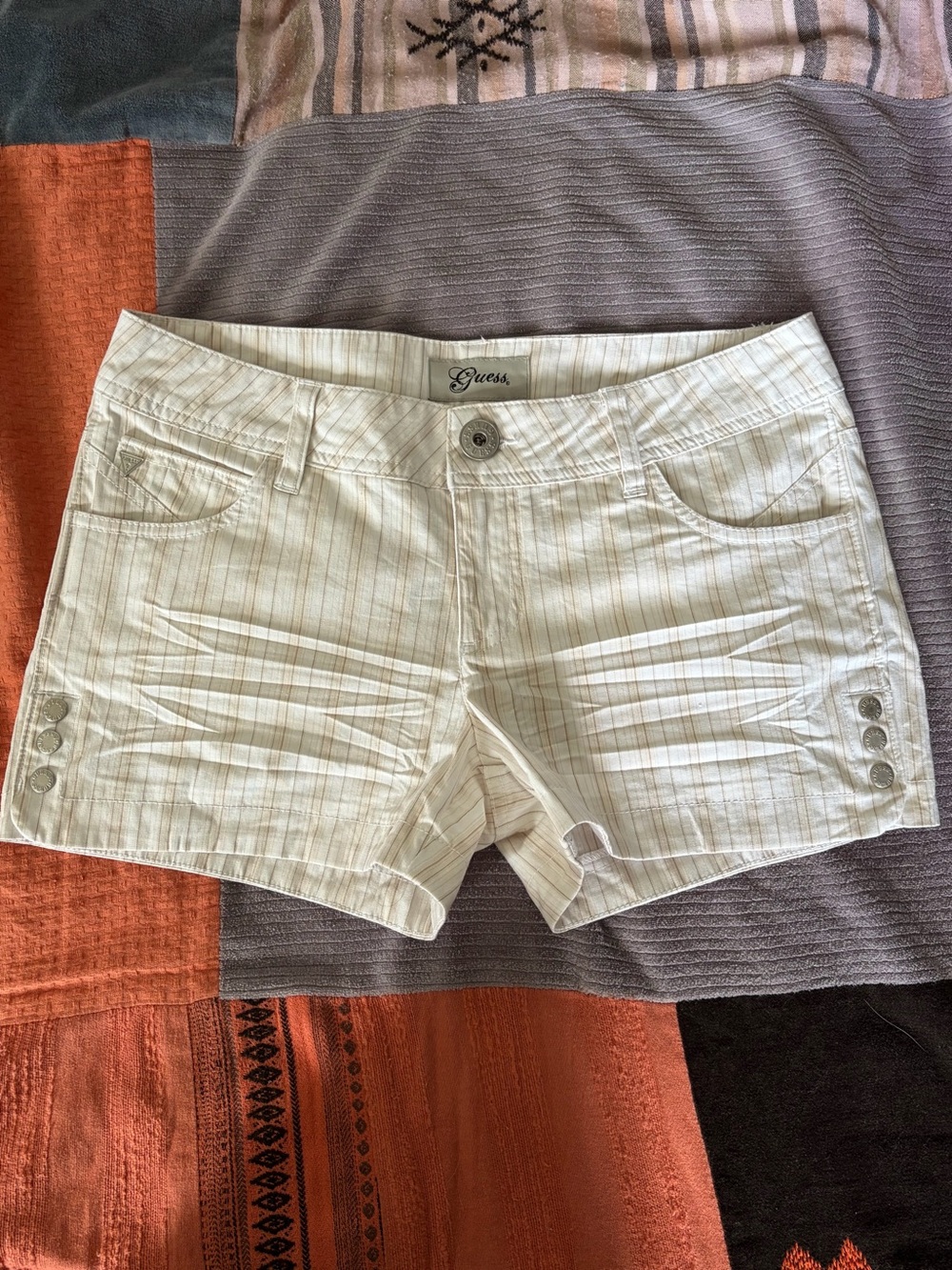 Guess White Pinstripe Cotton Blend Shorts with Side Buttons